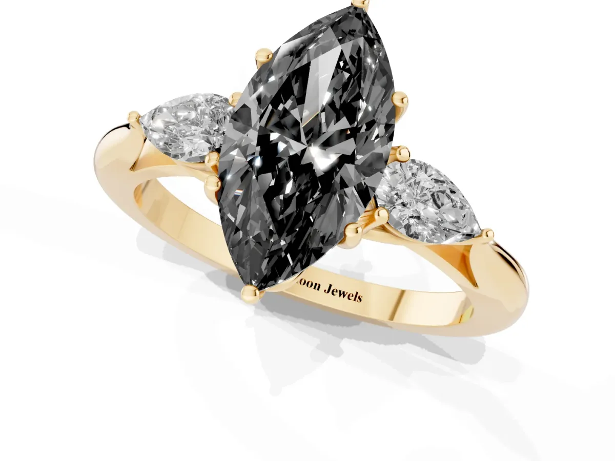 Fancy Black Three-Stone Marquise Cut Brilliant Diamond Solitaire Ring with Tapered Band and Four-Prong Setting Yellow gold