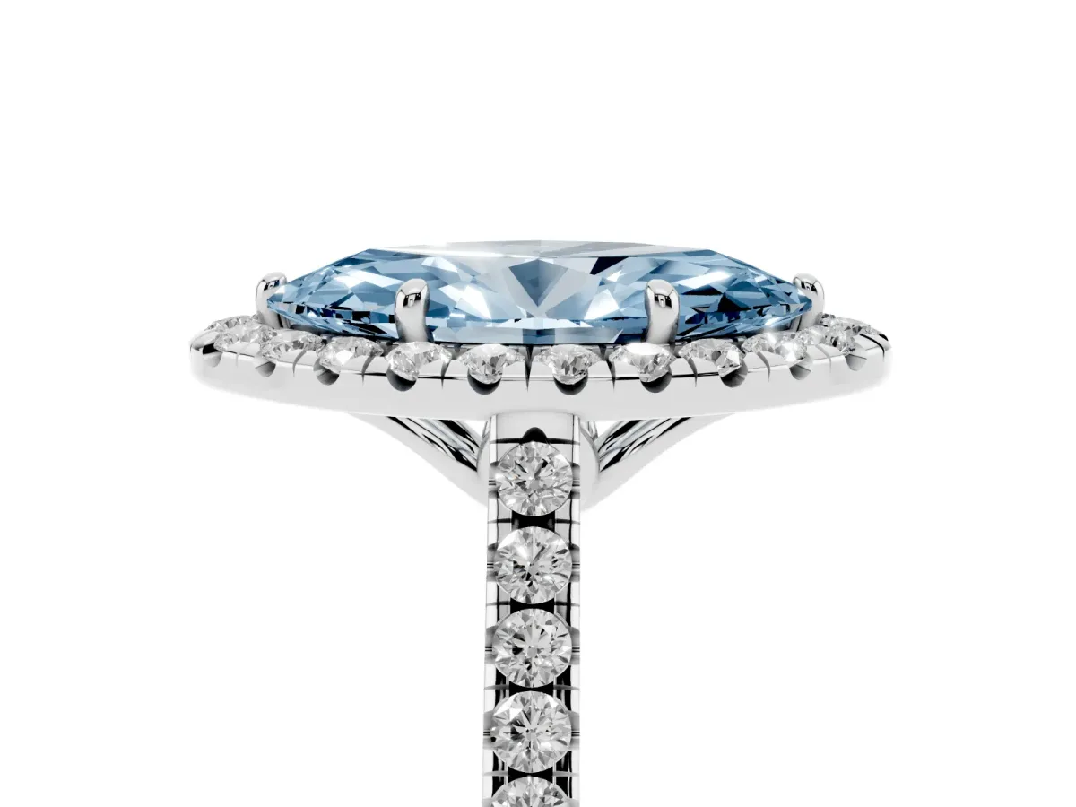 Fancy Blue Marquise Cut Halo Pavé Diamond Engagement Ring with Four-Prong Setting Platinum