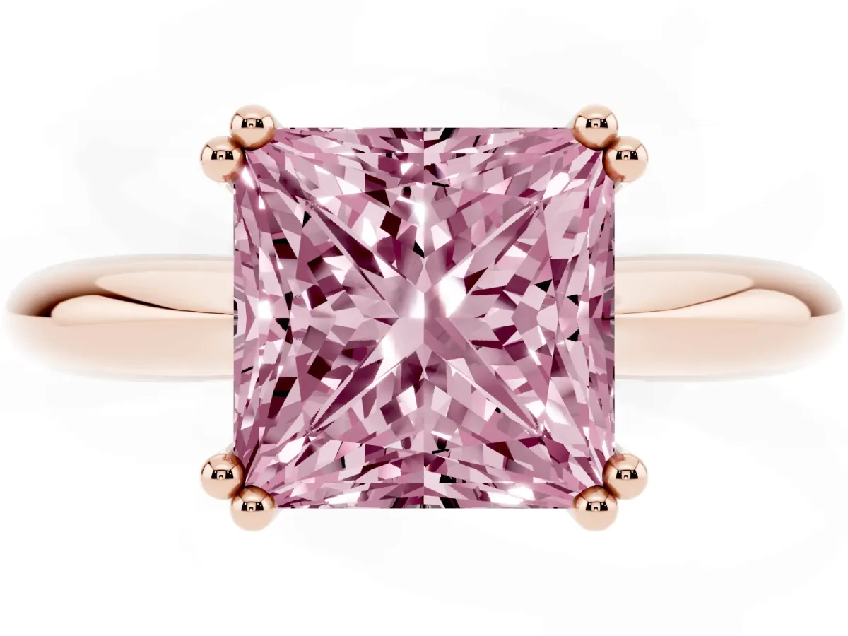 Fancy Pink Princess Cut Cut Solitaire Engagement Ring with Tapered Band and Four-Prong Setting Rose gold