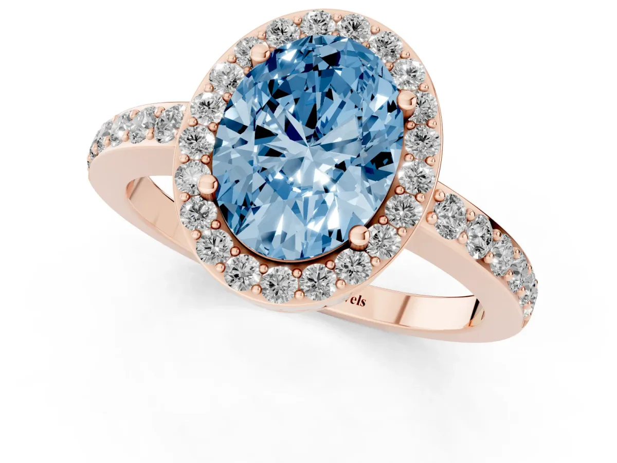Fancy Blue Oval Cut Halo Diamond Pavé Band Ring with Prong Setting Rose gold