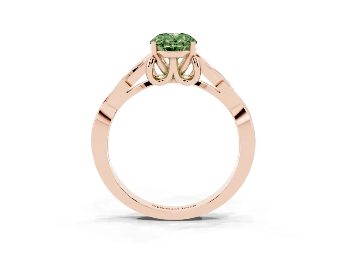 Fancy Green Oval Cut Diamond Solitaire Engagement Ring with Celtic Knot Band and Four-Prong Setting Rose gold