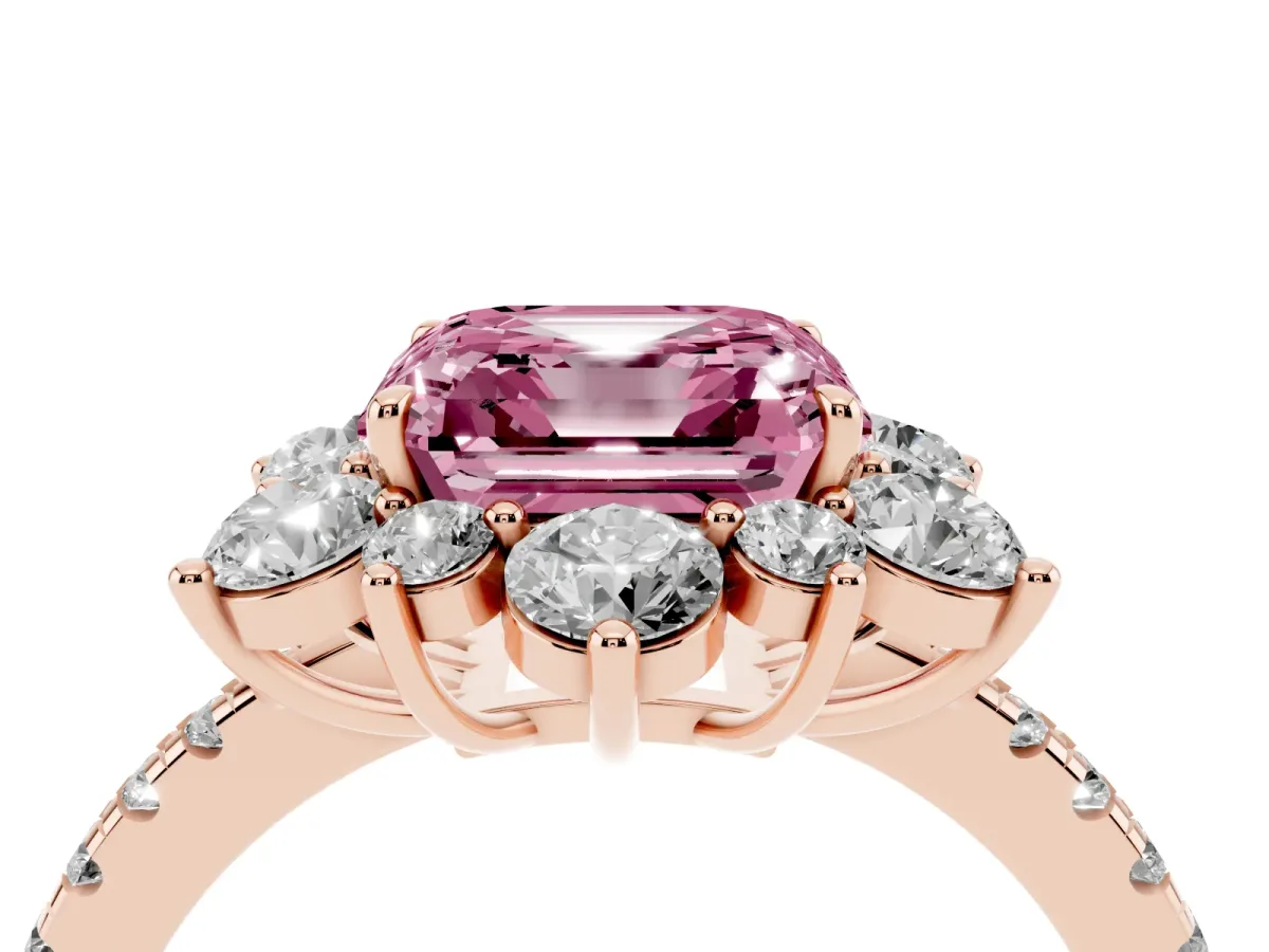 Fancy Pink Asscher Cut Diamond Floral Halo Ring with Round Pavé Band and Prong Setting Rose gold