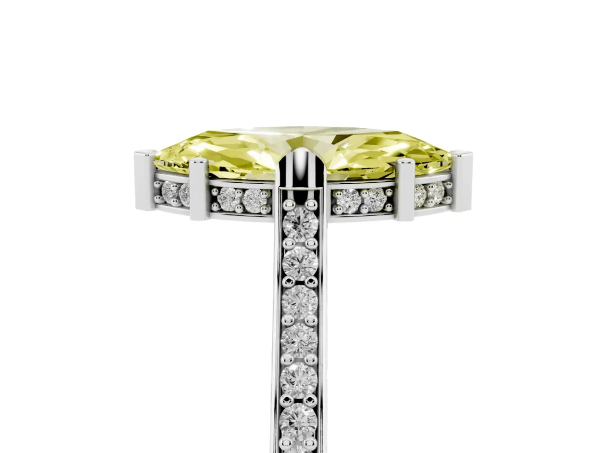 Fancy Yellow Marquise Cut Solitaire Diamond Ring with Channel Set Band and Bezel Prong Setting Platinum