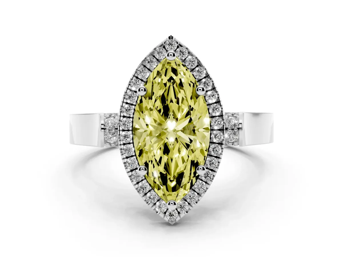Fancy Yellow Marquise Cut Halo Round Diamond Twist Band with Four-Prong Setting Platinum