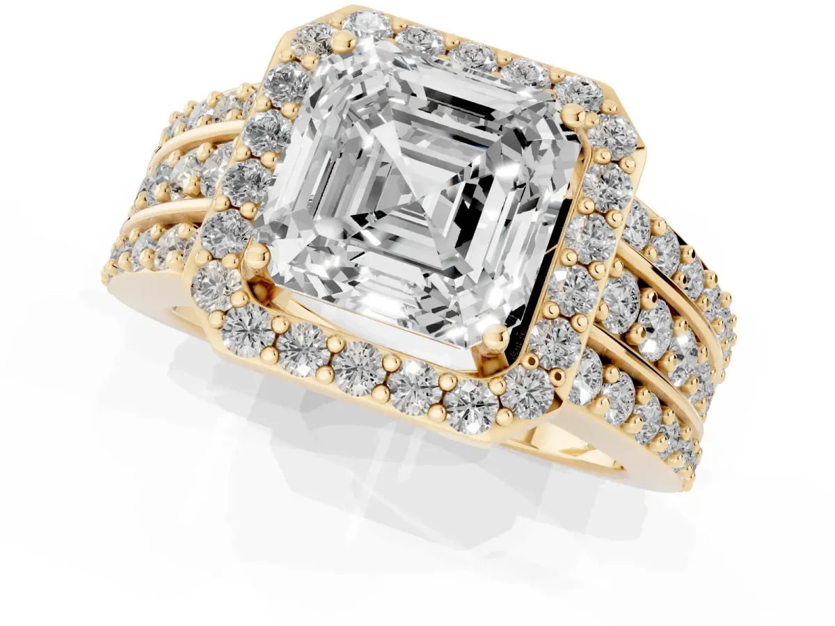 Asscher Cut Halo Diamond Ring with Round Split Shank and Prong Setting Yellow gold