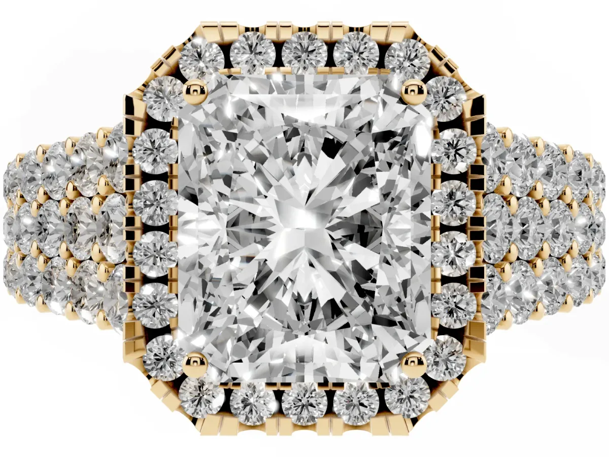 Radiant Cut Diamond Halo Engagement Ring with Triple Row Round Pavé Band and Prong Setting Yellow gold