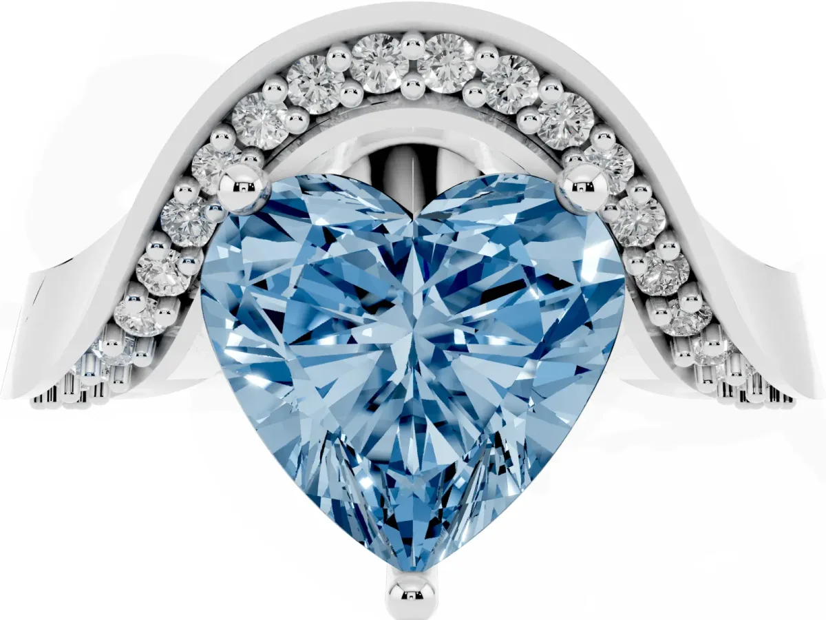 Fancy Blue Heart Cut Solitaire Diamond Engagement Ring with Pave Band and Four-Prong Setting Silver