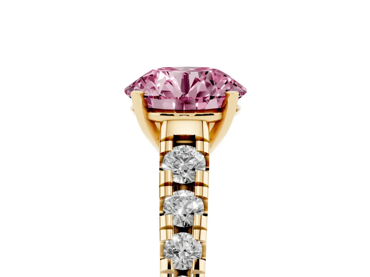 Fancy Pink Round Cut Diamond Cathedral Solitaire Ring with Round Pavé Band Yellow gold