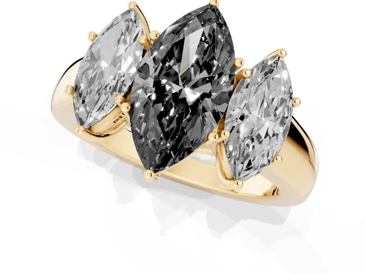 Fancy Black Three-Stone Marquise Cut Cut Diamond Ring with Prong Setting and Classic Band Yellow gold