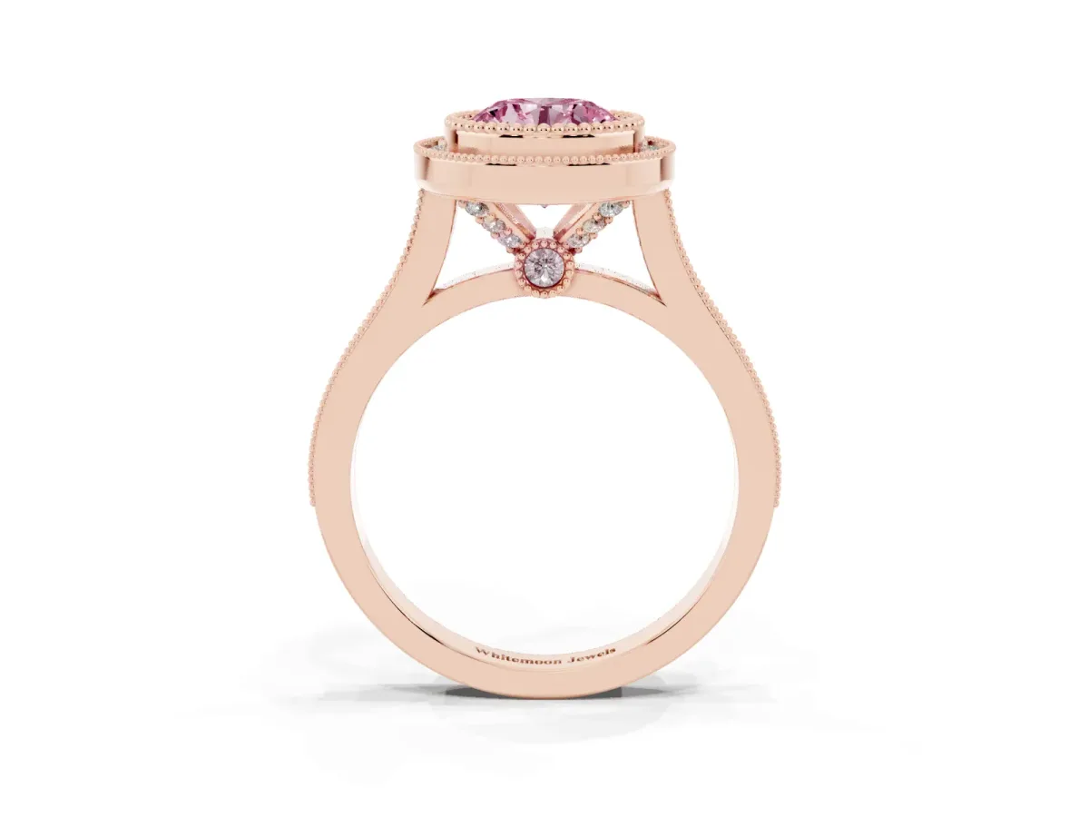 Fancy Pink Round Cut Diamond Halo Ring with Milgrain Frame and Pavé Band Rose gold