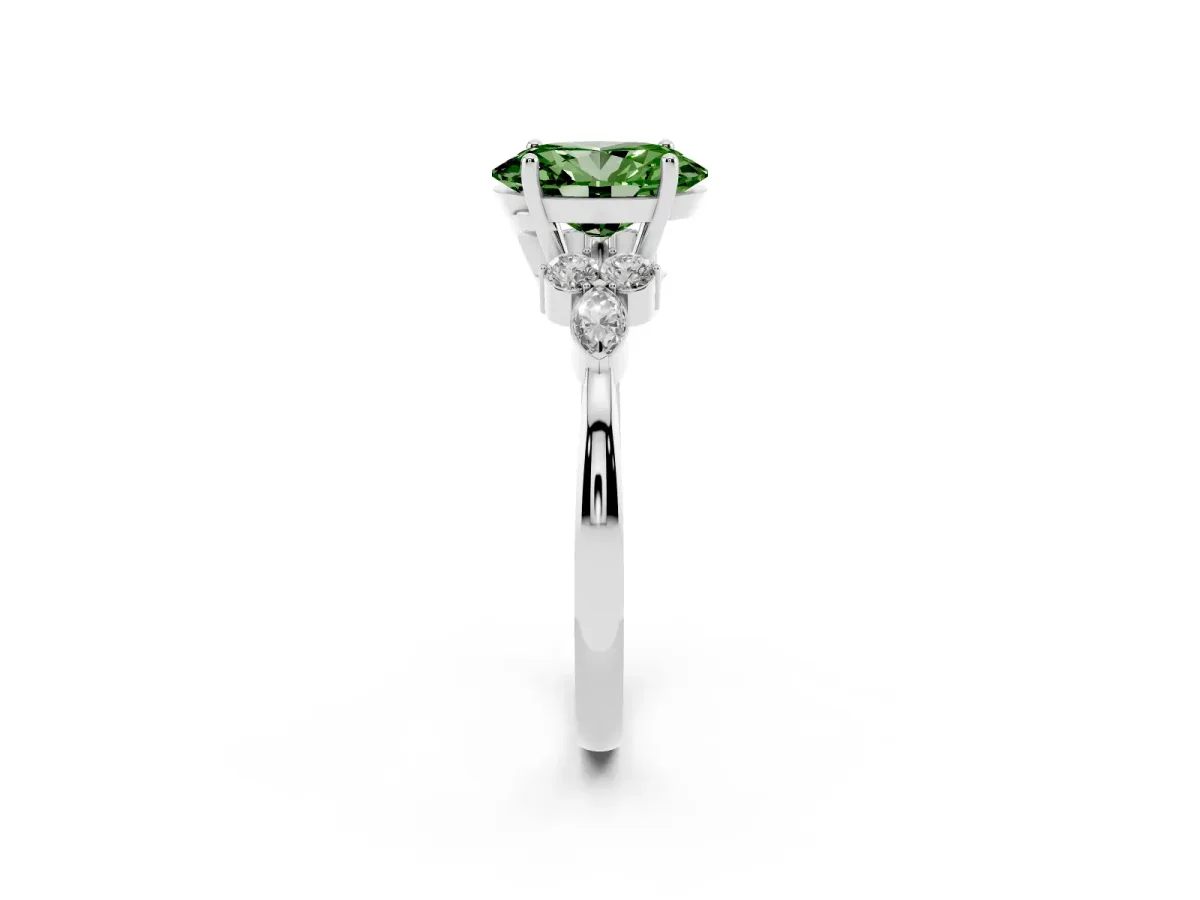 Fancy Green Oval Cut Brilliant Diamond Solitaire Ring with Pear Side Stones and Four-Prong Setting Platinum