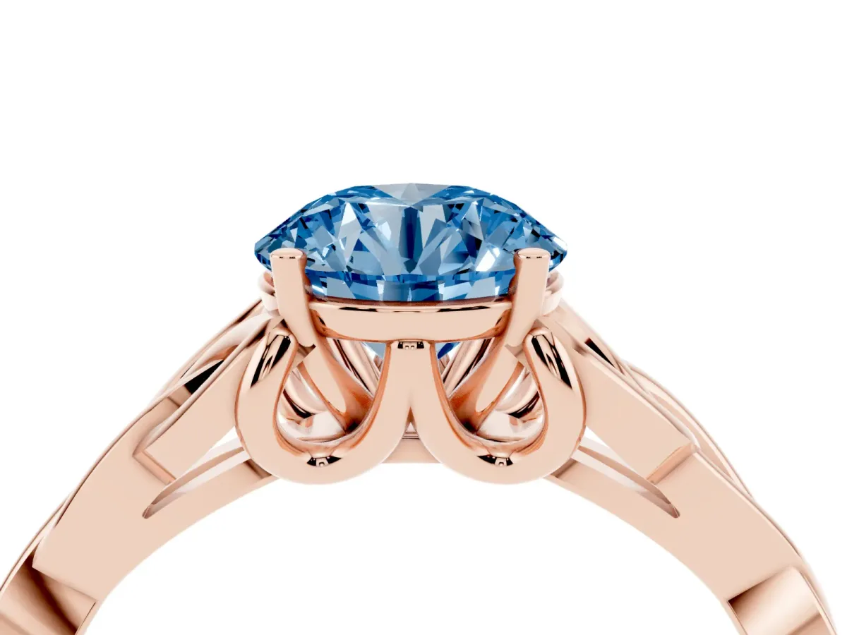Fancy Blue Round Cut Diamond Solitaire Engagement Ring with Celtic Knot Band and Four-Prong Setting Rose gold