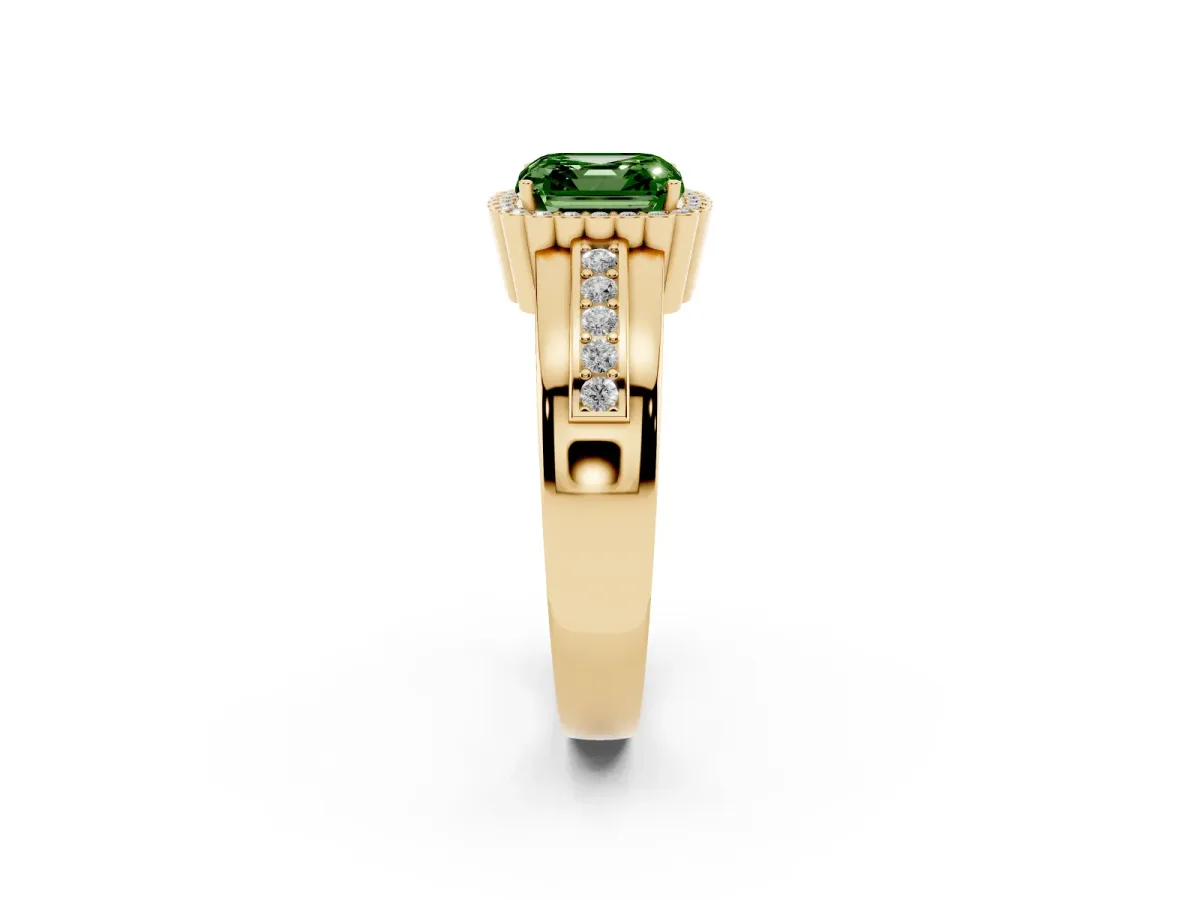 Fancy Green Asscher Cut Cut Halo Pave Band Four-Prong Ring Yellow gold