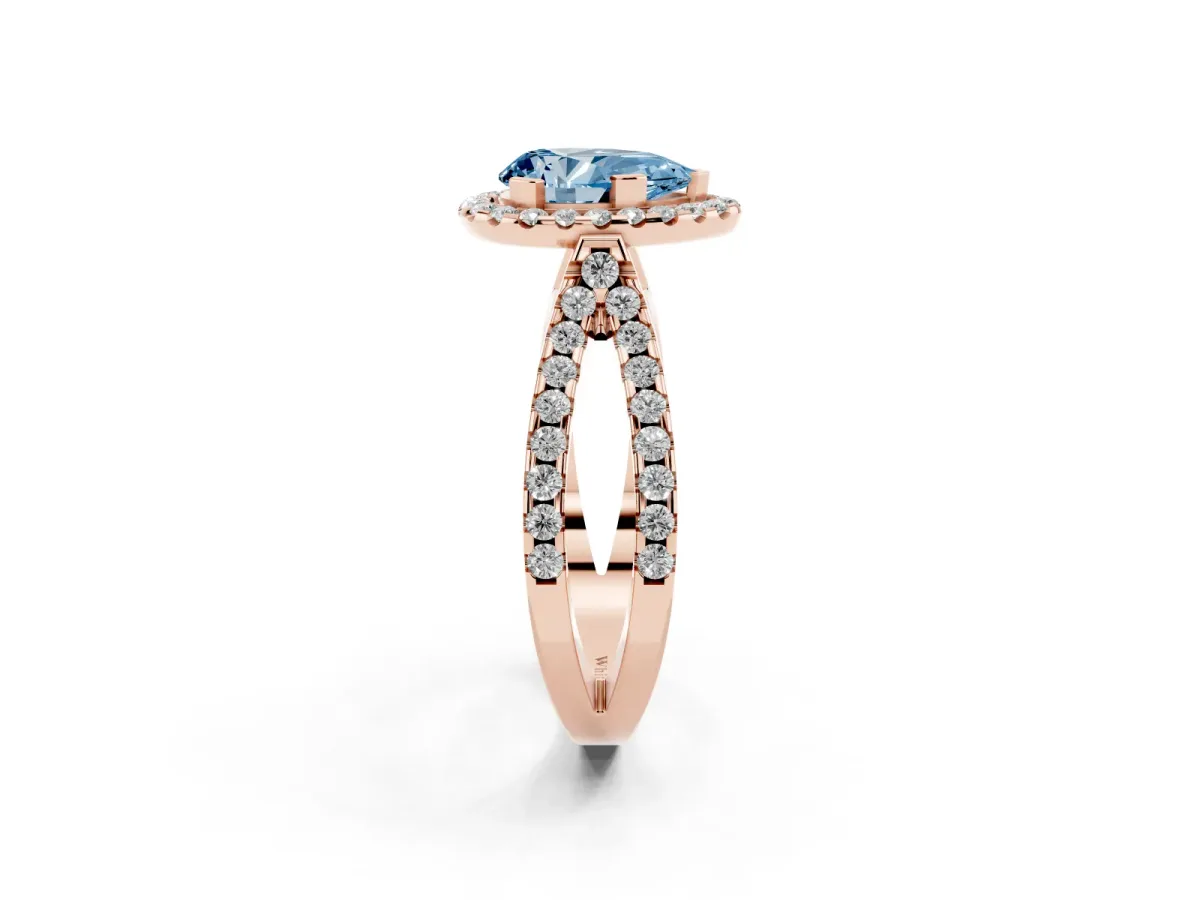 Fancy Blue Pear Cut Diamond Halo Ring with Split Shank Pavé Band and Prong Setting Rose gold