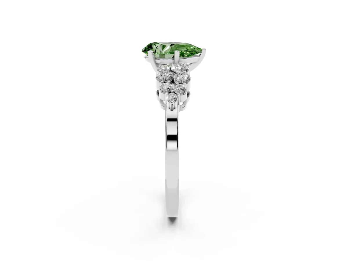 Fancy Green Pear Cut Cluster Diamond Engagement Ring with Pavé Band and Four-Prong Setting White gold