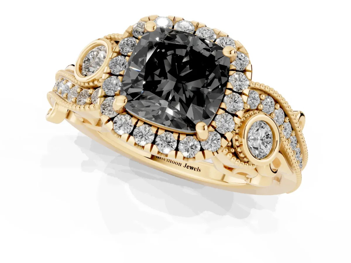 Fancy Black Cushion Cut Halo Diamond Ring with Milgrain and Bezel Accents on a Split Shank Band Yellow gold