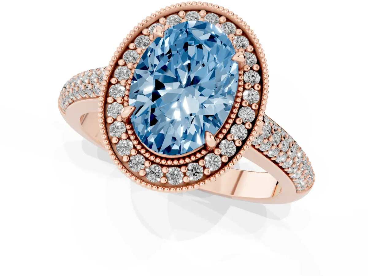 Fancy Blue Oval Cut Cut Halo Diamond Pave Band with Four-Prong Setting Rose gold