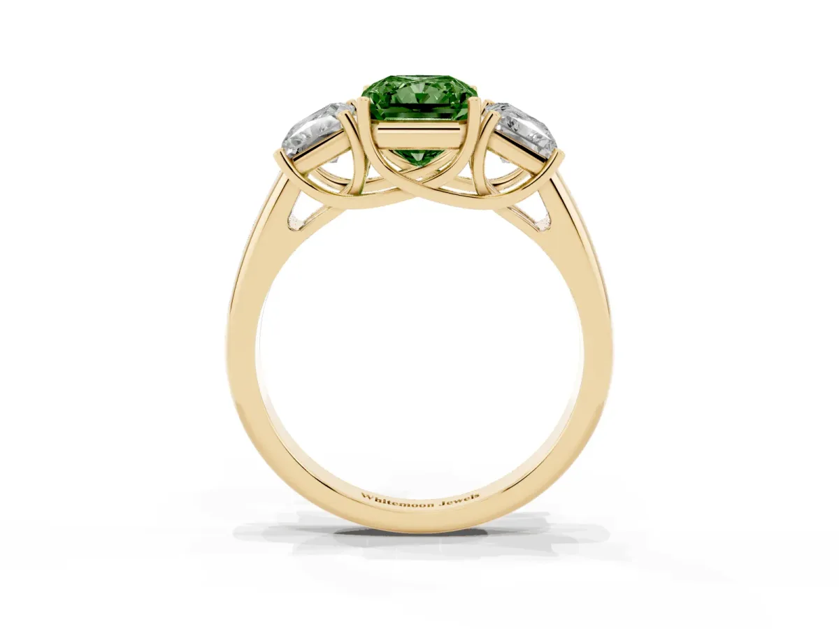 Fancy Green Three-Stone Radiant Cut Diamond Engagement Ring with Prong Setting Yellow gold