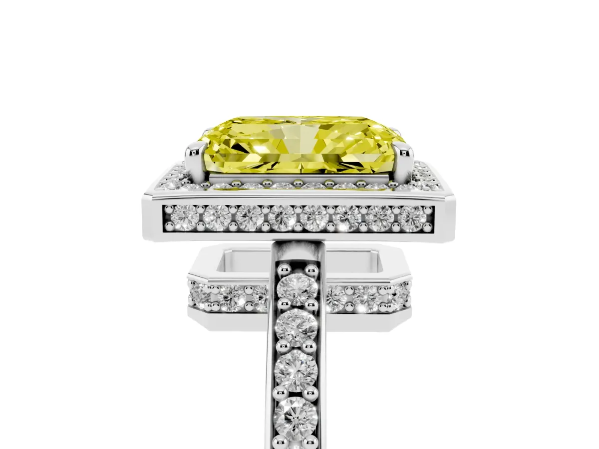 Fancy Yellow Radiant Cut Halo Pave Band Solitaire Ring with Prong Setting Silver