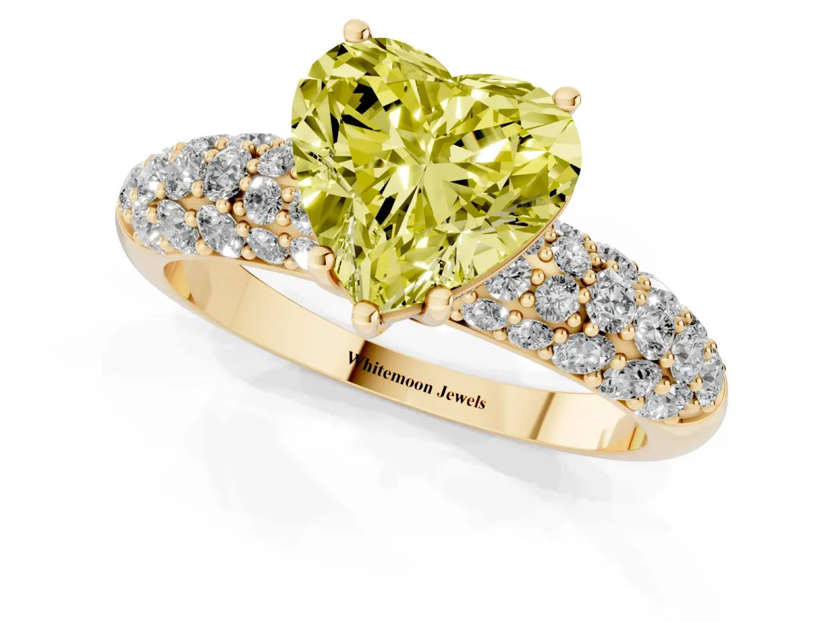 Fancy Yellow Heart Cut Diamond Pavé Band Solitaire Ring with Four-Prong Setting Yellow gold