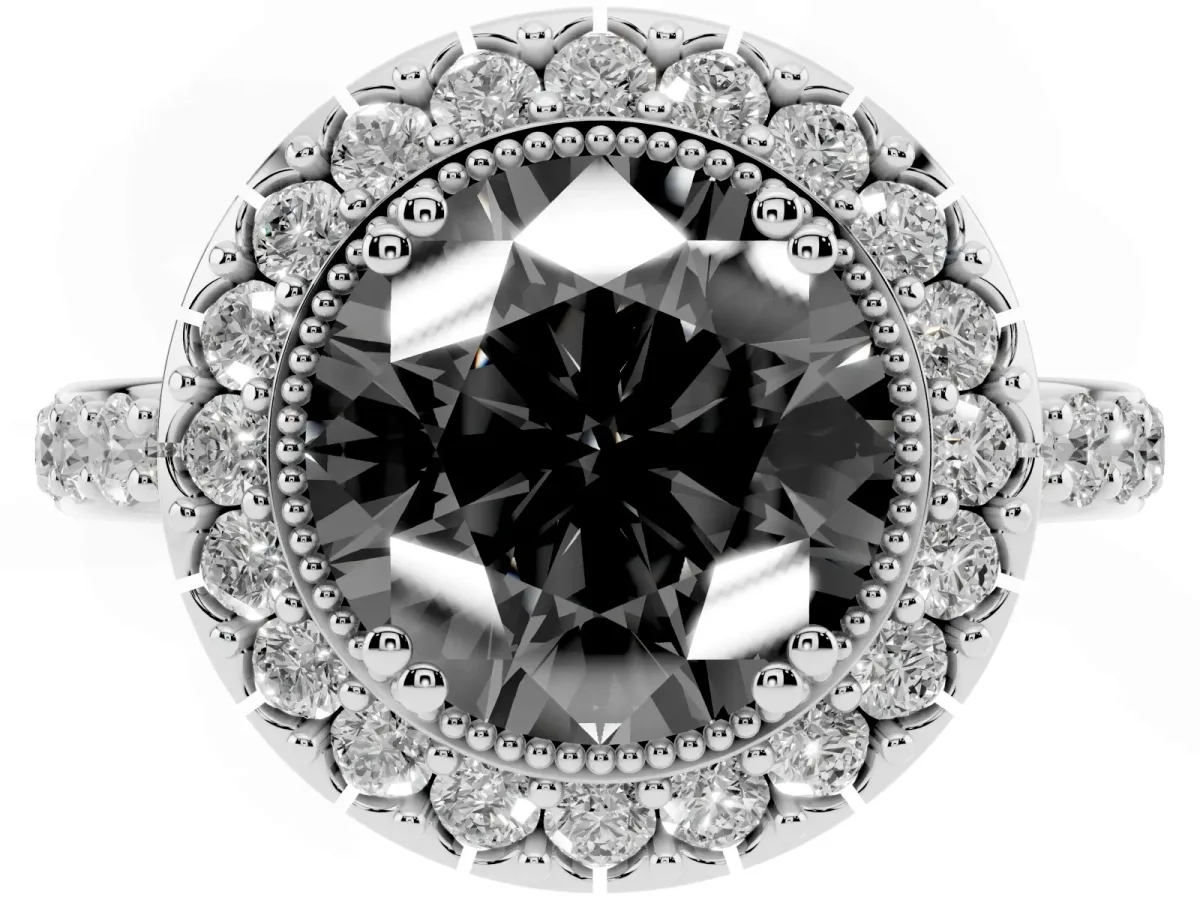 Fancy Black Round Cut Diamond Halo Ring with Pavé Band and Prong Setting Silver