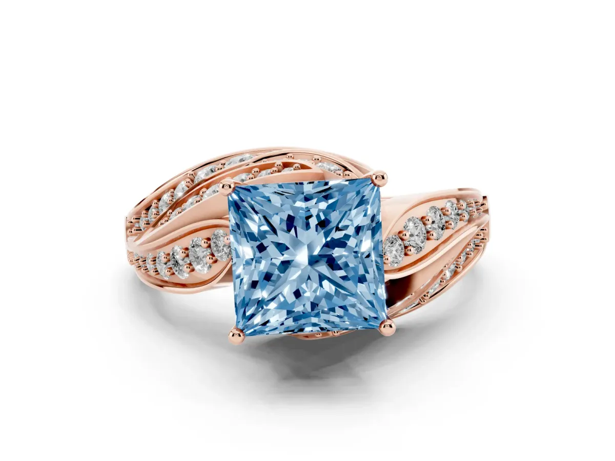 Fancy Blue Princess Cut Diamond Solitaire Ring with Prong Setting and Twisted Pavé Band Rose gold