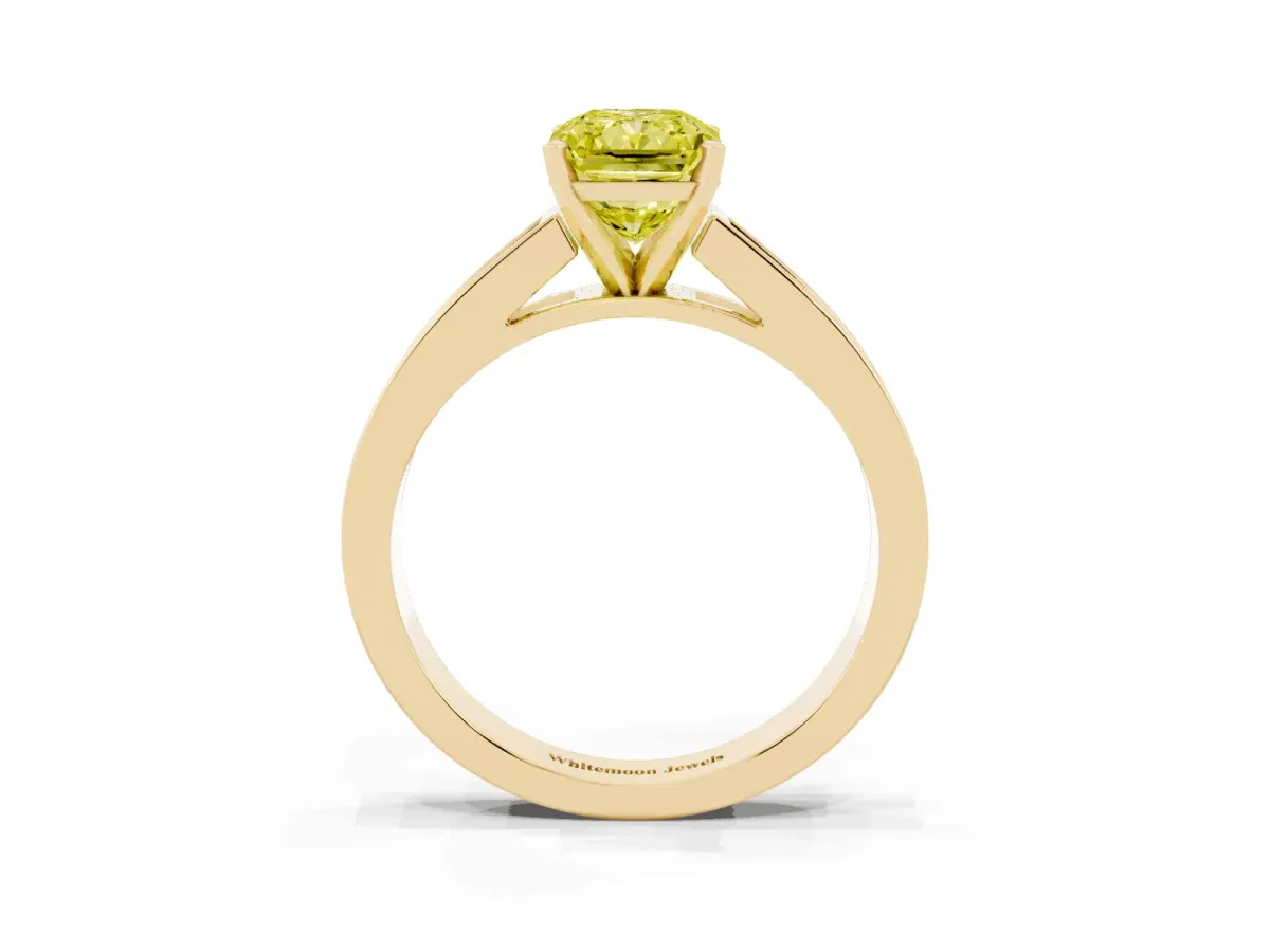 Fancy Yellow Radiant Cut Solitaire Diamond Ring with Channel-Set Band and Four-Prong Setting Yellow gold
