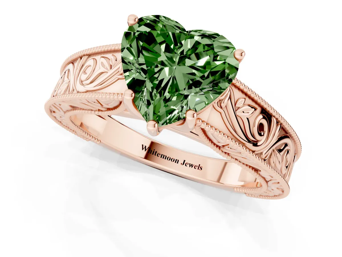 Fancy Green Heart Cut Diamond Solitaire Ring with Engraved Band and Four-Prong Setting Rose gold