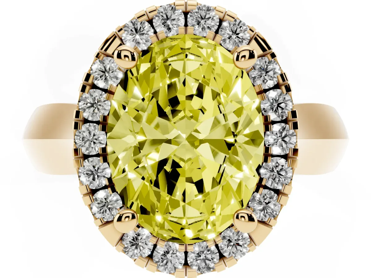 Fancy Yellow Oval Cut Cut Halo Solitaire Engagement Ring with Square Band and Four-Prong Setting Yellow gold