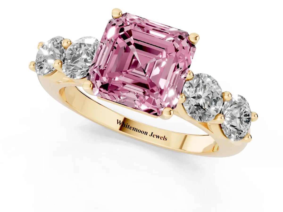 Fancy Pink Asscher Cut Cut Five-Stone Prong Set Diamond Ring with Classic Band Yellow gold