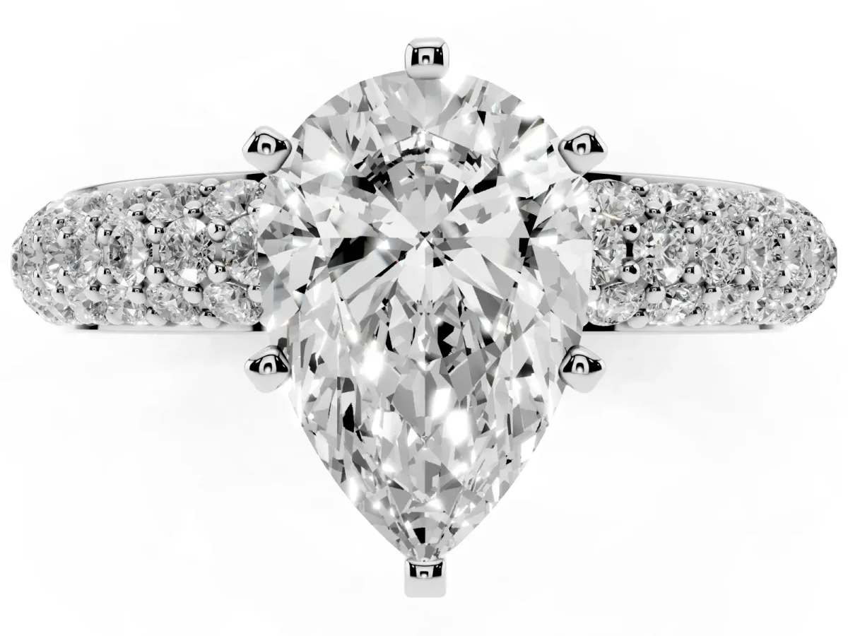 Pear Cut Diamond Solitaire Ring with Prong Setting and Pavé Band Platinum