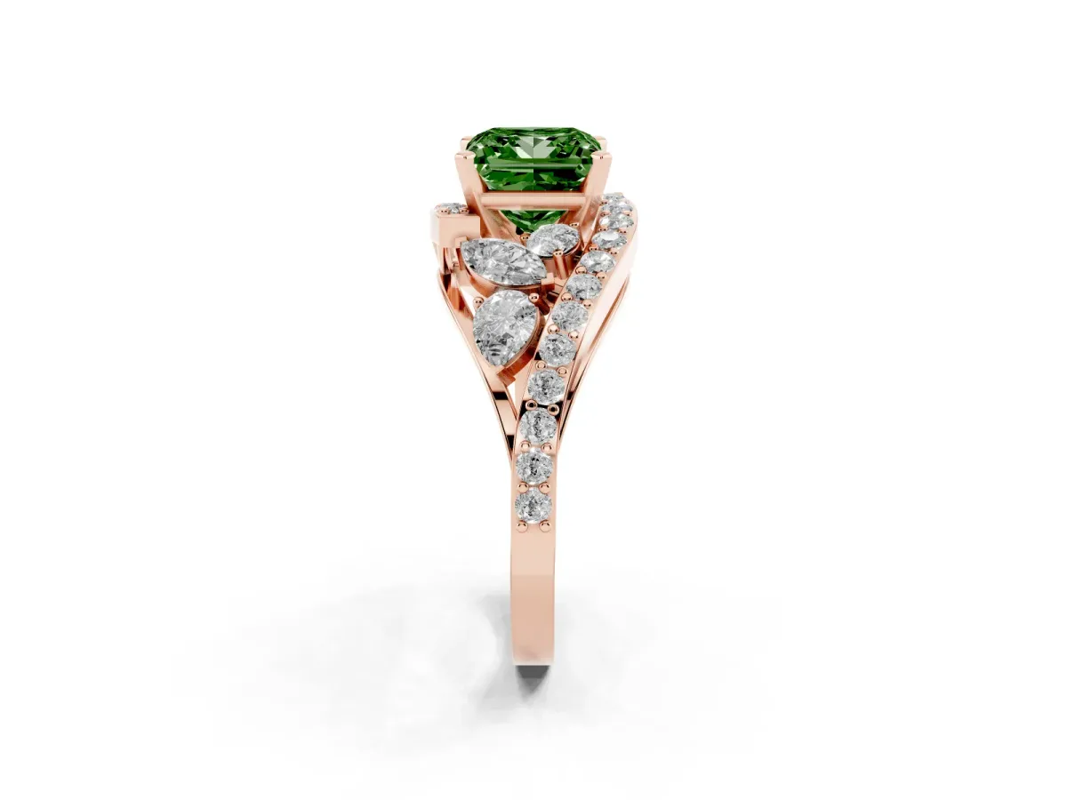 Fancy Green Princess Cut Diamond Halo Ring with Marquise and Pavé Band in Prong Setting Rose gold