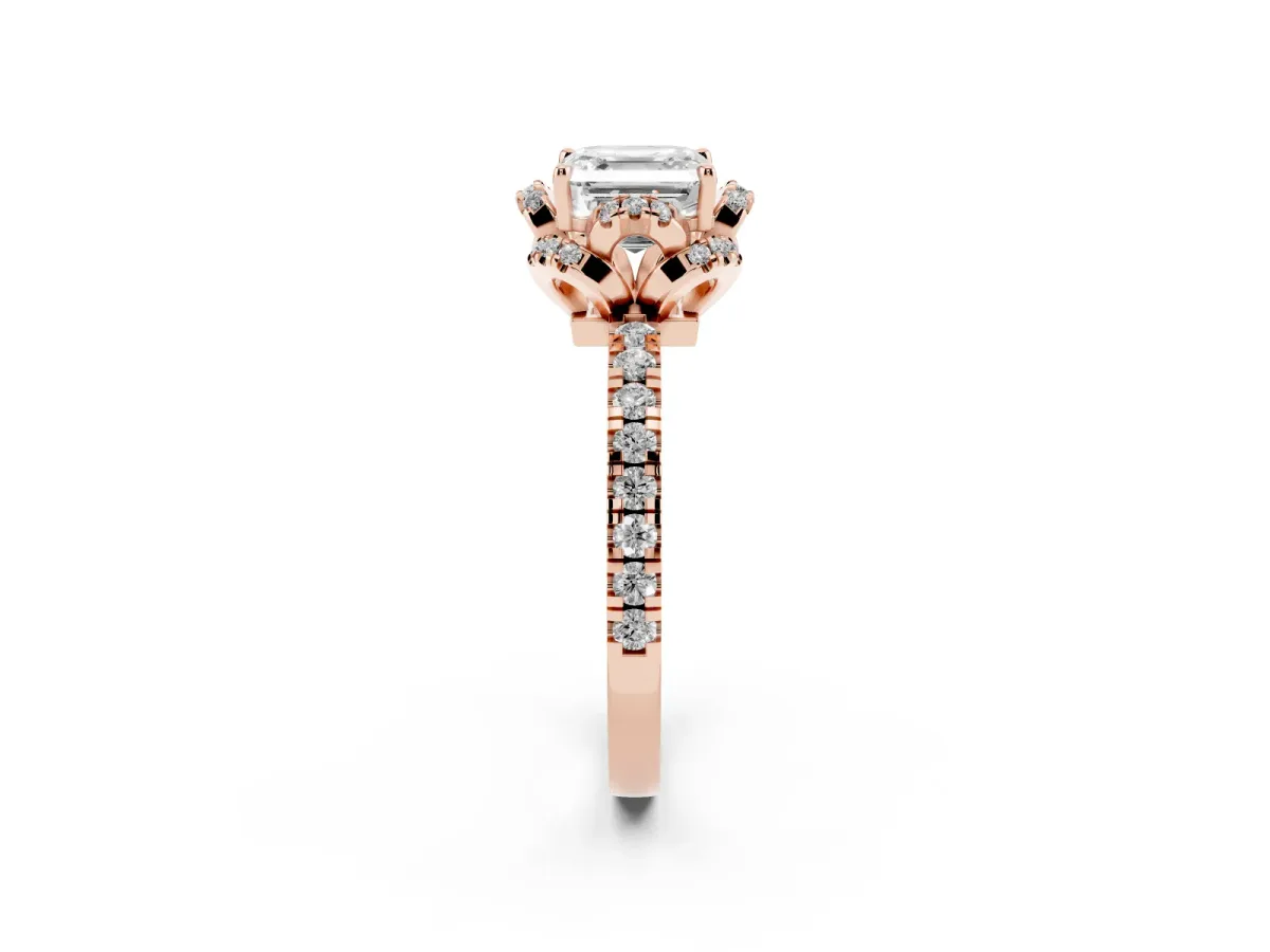 Asscher Cut Diamond Halo Pave Band with Four-Prong Setting Rose gold
