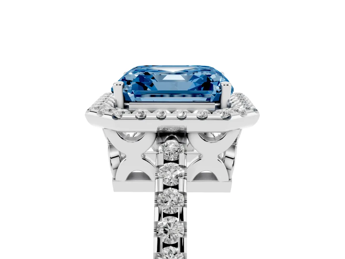 Fancy Blue Asscher Cut Diamond Halo Engagement Ring with Pavé Band and Prong Setting Platinum