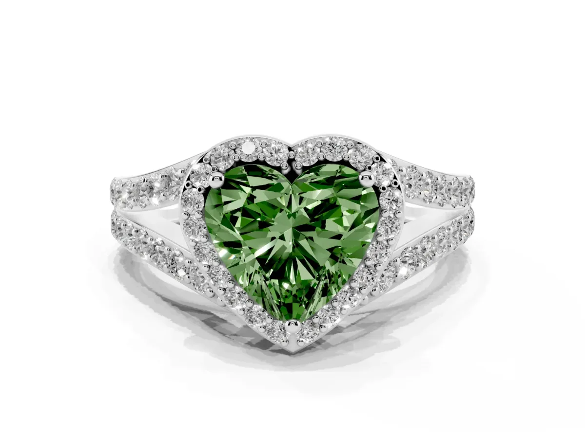 Fancy Green Heart Cut Diamond Split Shank Halo Ring with Four-Prong Setting Silver