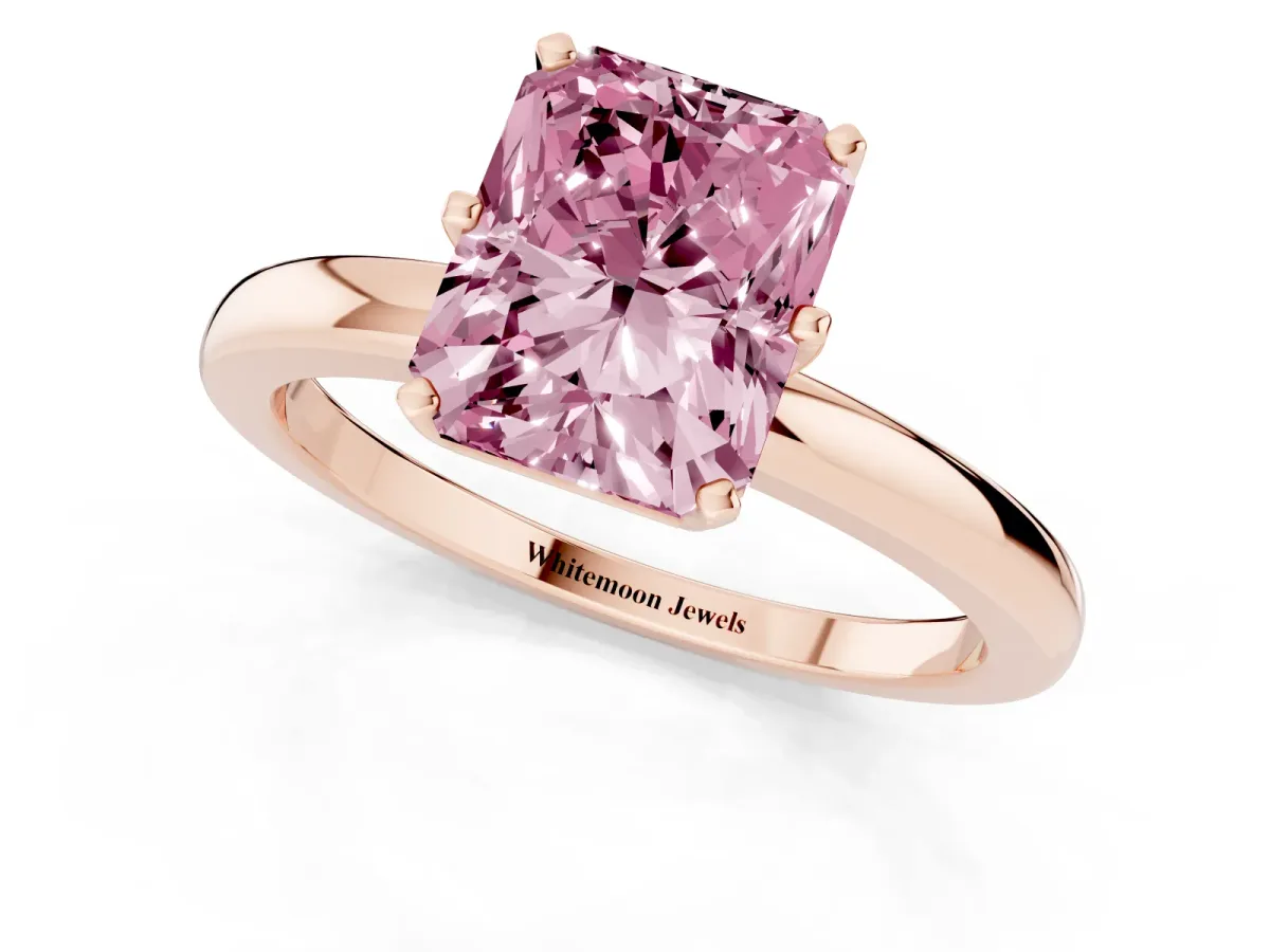 Fancy Pink Radiant Cut Solitaire Diamond Ring with Six-Prong Setting on a Classic Band Rose gold