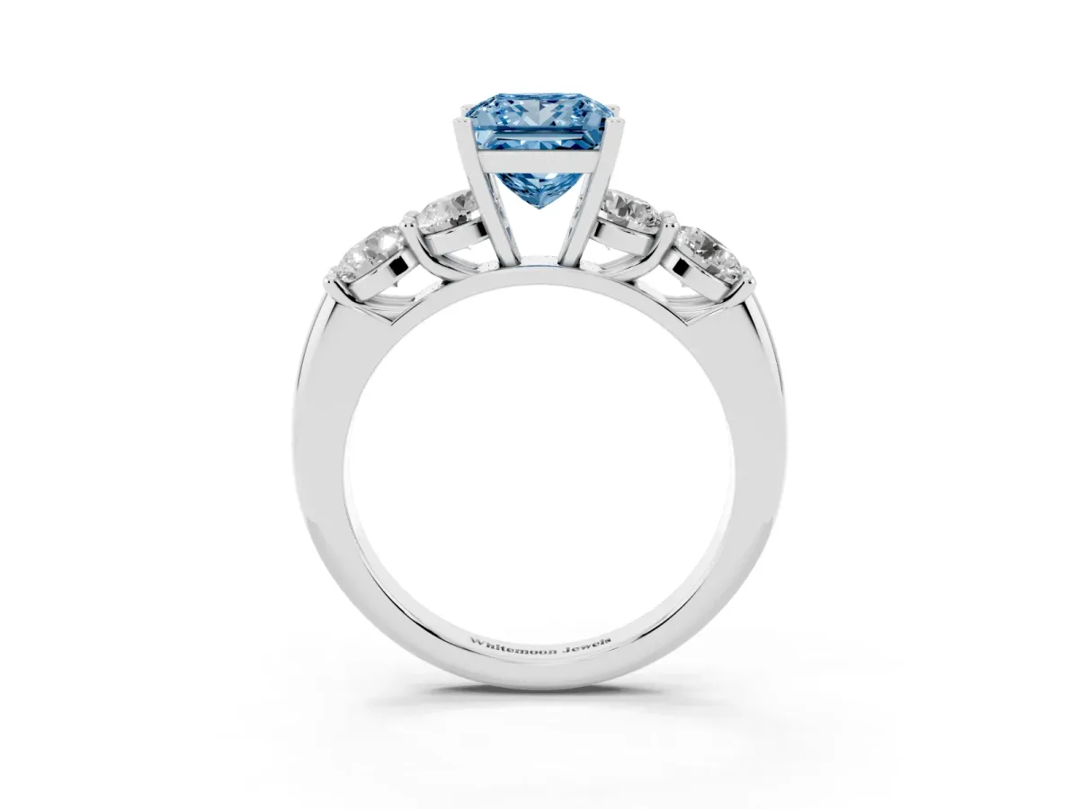 Fancy Blue Princess Cut Cut Five-Stone Prong Set Diamond Ring with Classic Band Silver