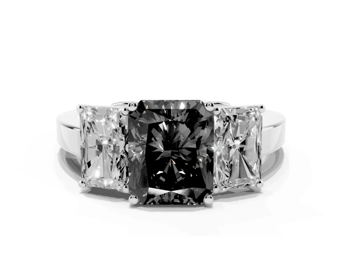 Fancy Black Three-Stone Radiant Cut Cut Diamond Engagement Ring with Flat Band and Four-Prong Setting Silver