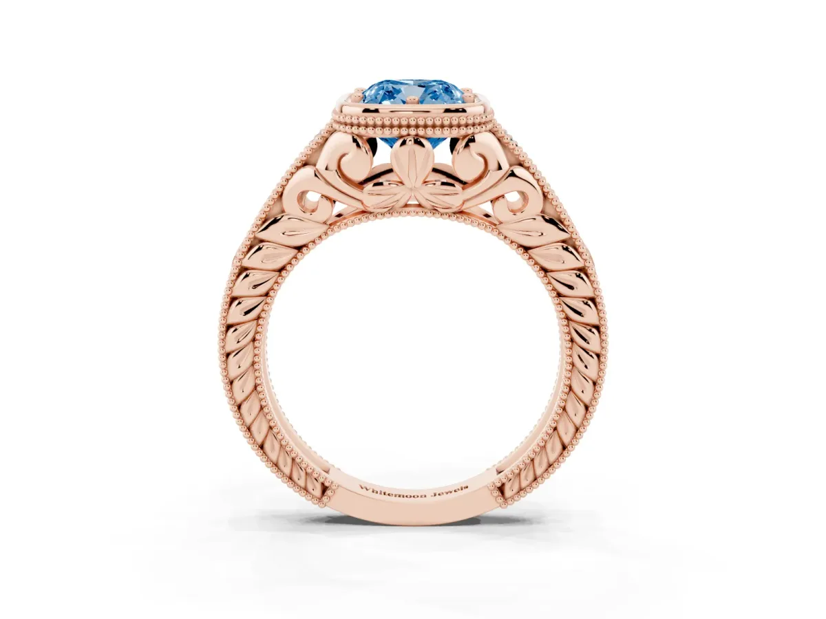 Fancy Blue Bezel Set Cushion Cut Diamond Milgrain Pave Engagement Ring Rose gold