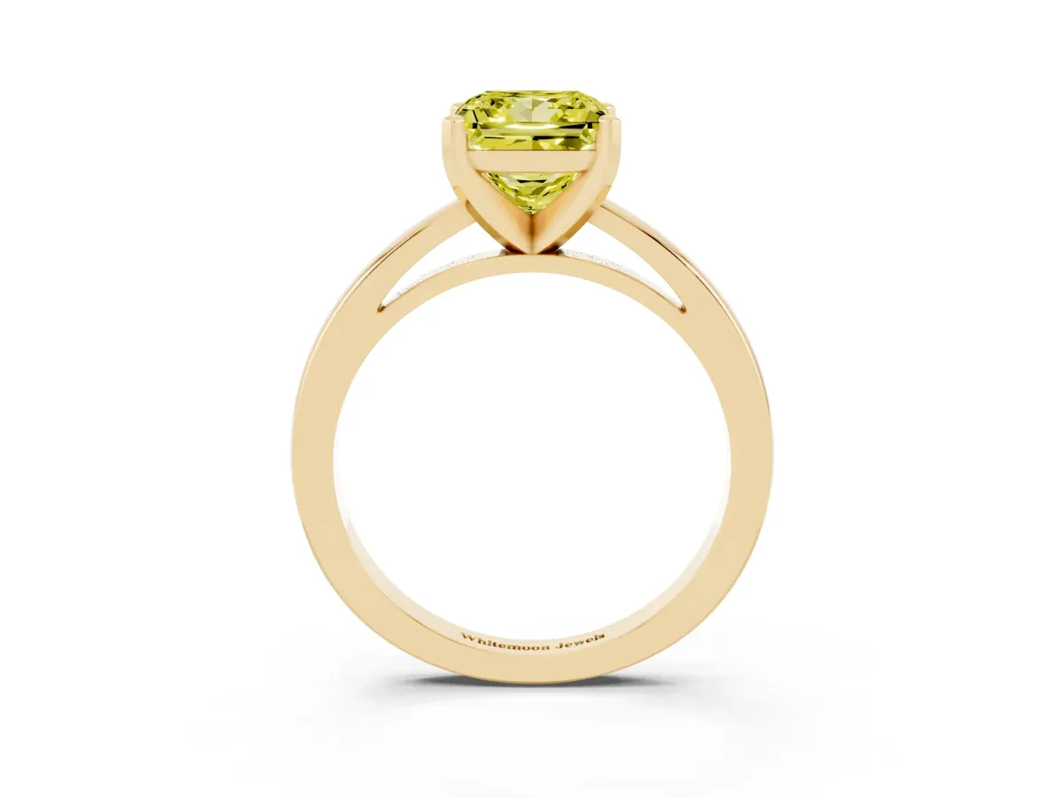 Fancy Yellow Princess Cut Solitaire Diamond Engagement Ring with Four-Prong Setting on a Classic Band Yellow gold