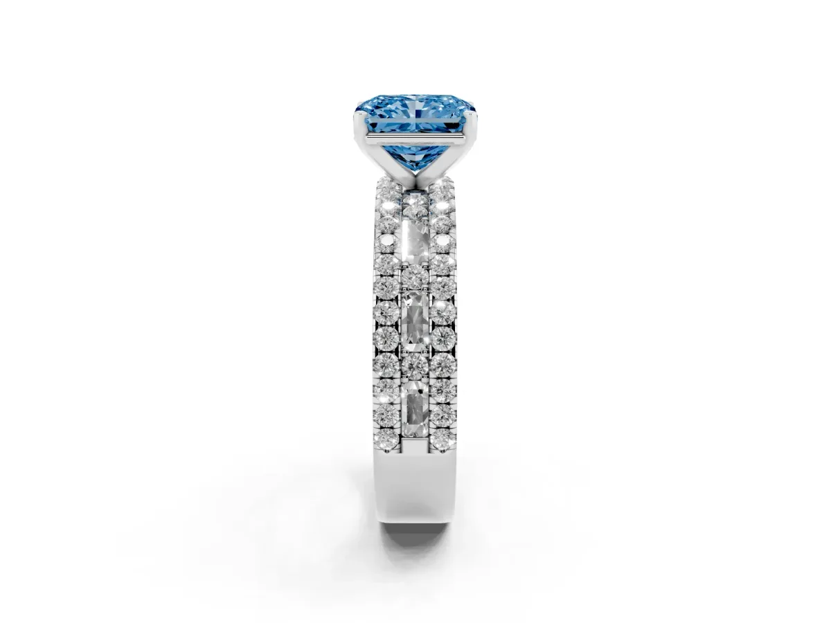 Fancy Blue Radiant Cut Diamond Solitaire Ring with Pavé and Channel Set Band Silver