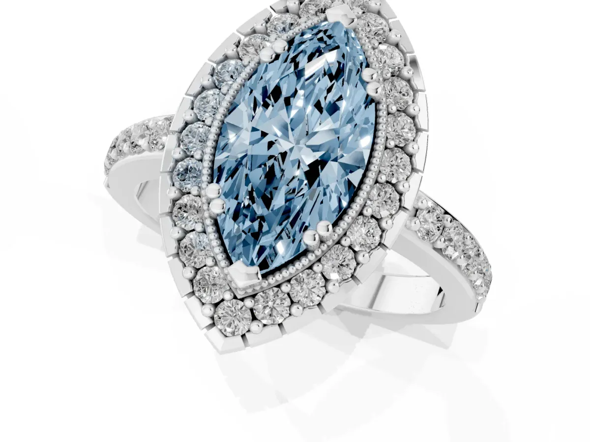 Fancy Blue Marquise Cut Diamond Halo Ring with Pavé Band and Prong Setting White gold