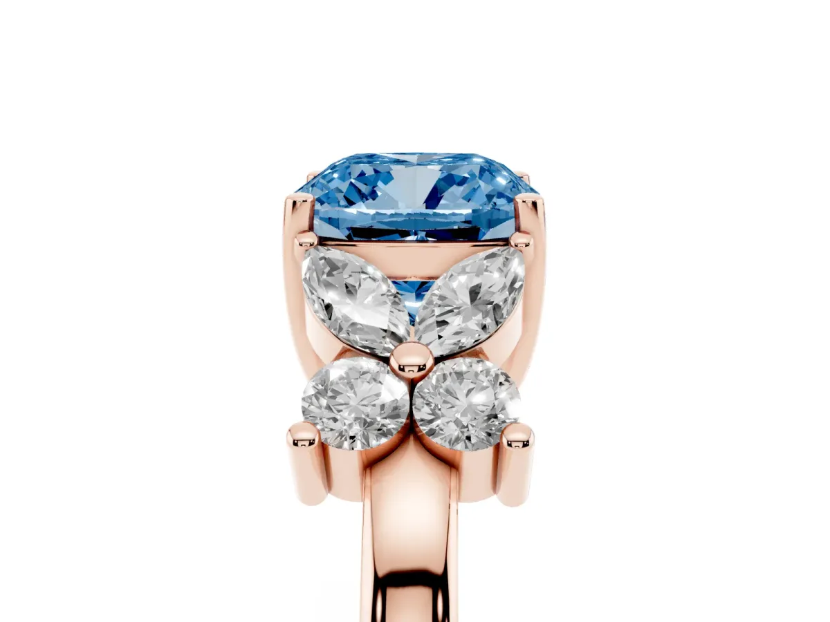 Fancy Blue Cushion Cut Diamond Floral Cluster Ring with Solitaire Band and Prong Setting Rose gold