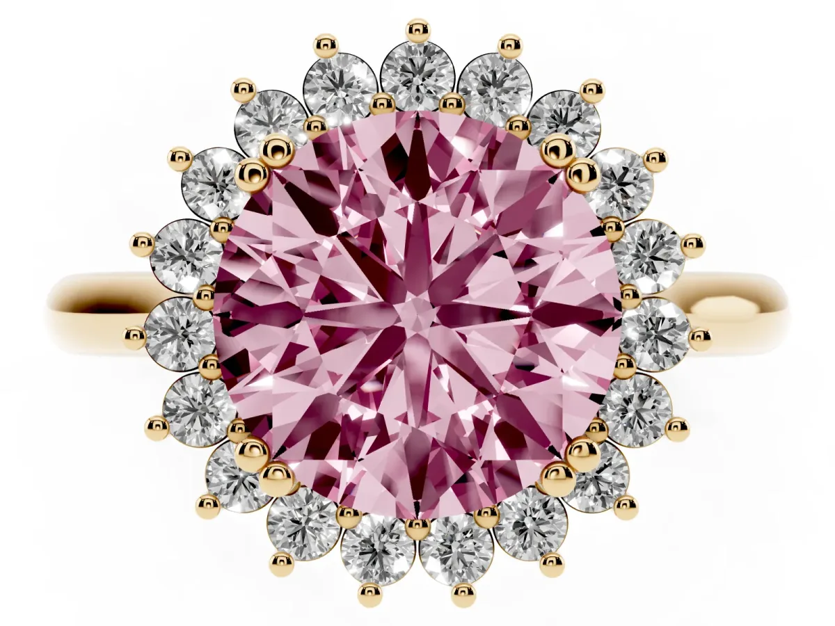 Fancy Pink Round Cut Cut Diamond Halo Ring with Solitaire Band and Prong Setting Yellow gold