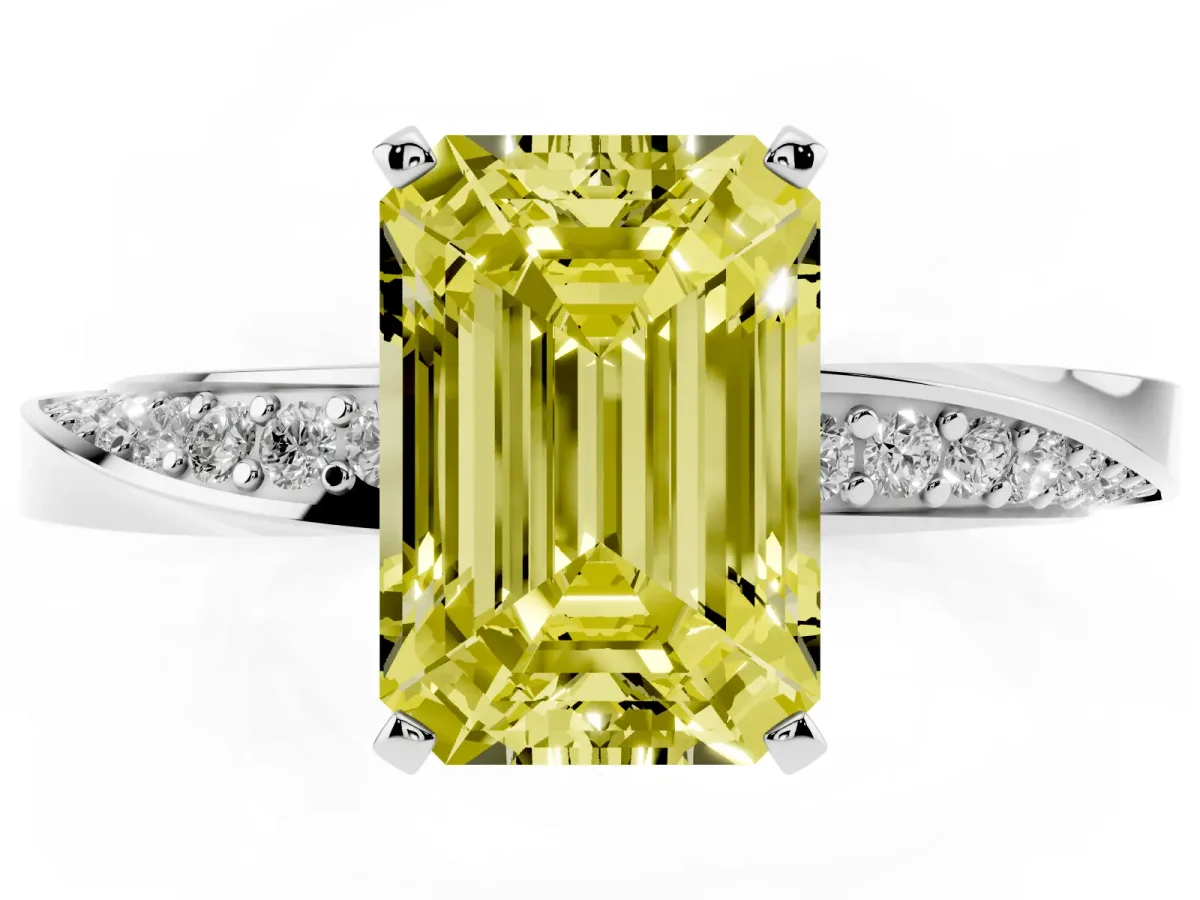 Fancy Yellow Emerald Cut Diamond Engagement Ring with Side Stone Accents and Four-Prong Setting Silver