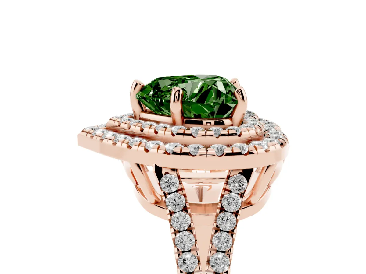 Fancy Green Heart Cut Diamond Double Halo Ring with Pavé Band and Prong Setting Rose gold