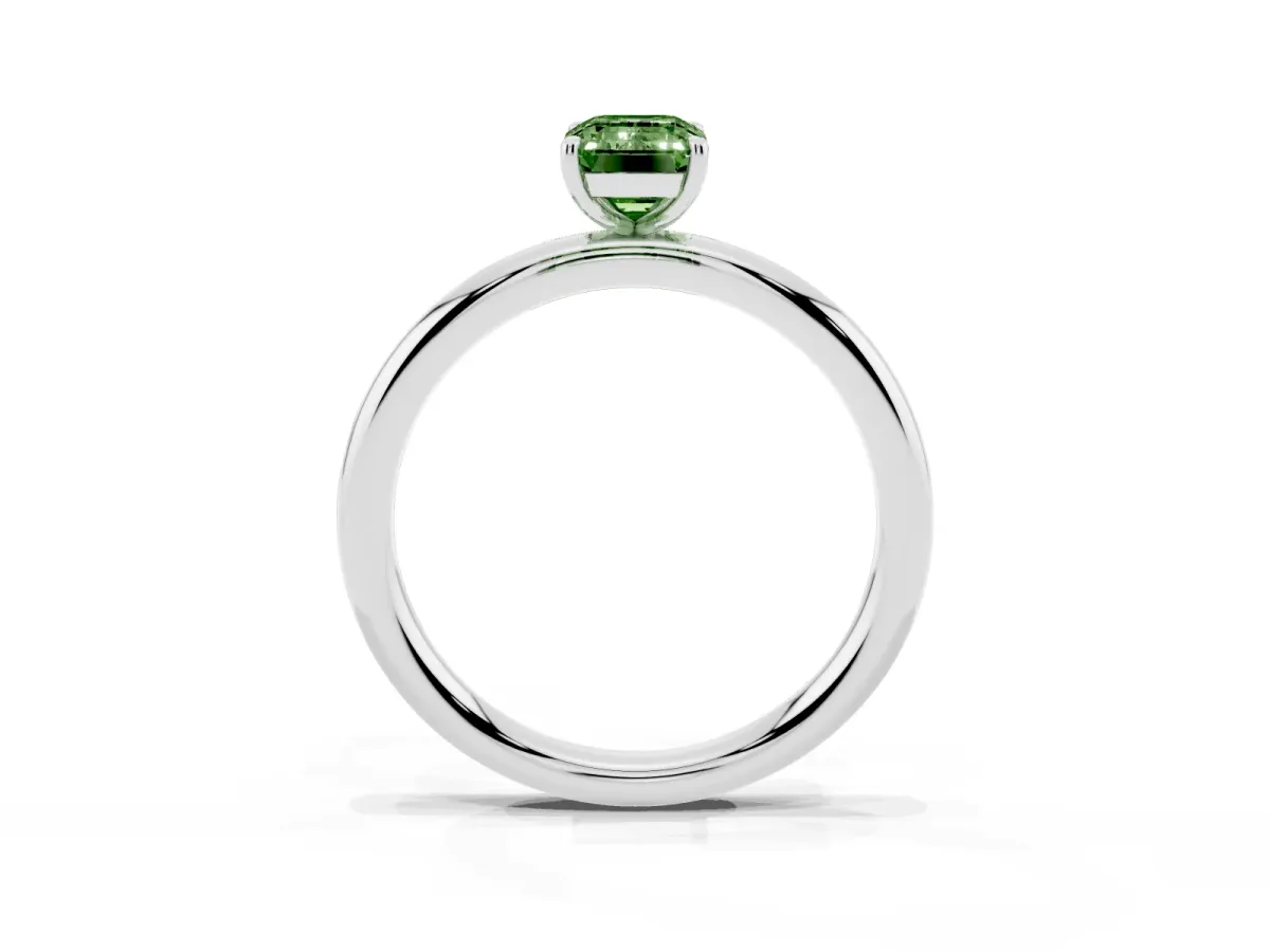 Fancy Green Emerald Cut Solitaire Diamond Ring with Four-Prong Setting on a Plain Band Platinum