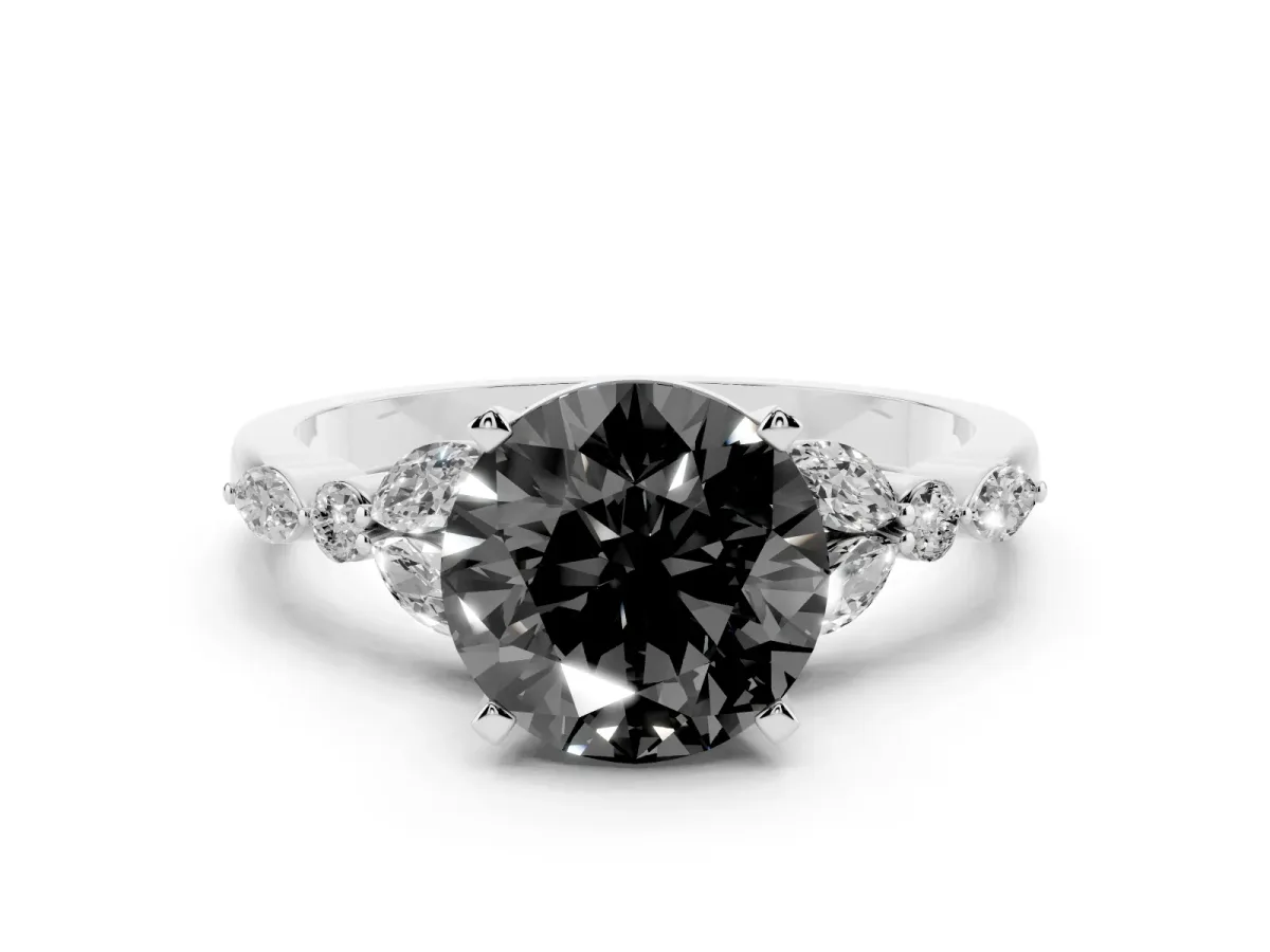 Fancy Black Round Cut Diamond Solitaire Ring with Side Stones and Four-Prong Setting Silver