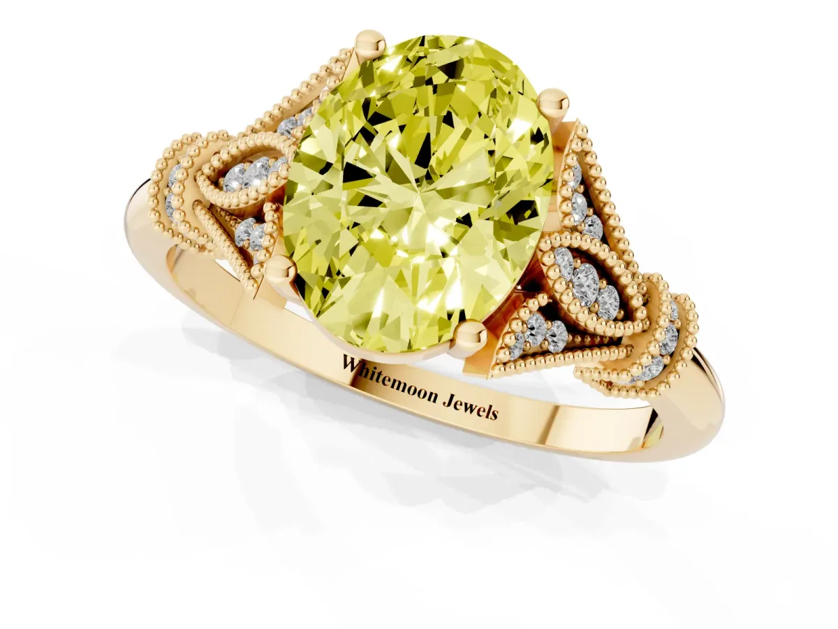 Fancy Yellow Oval Cut Diamond Solitaire Ring with Floral Filigree and Pave Accents Yellow gold