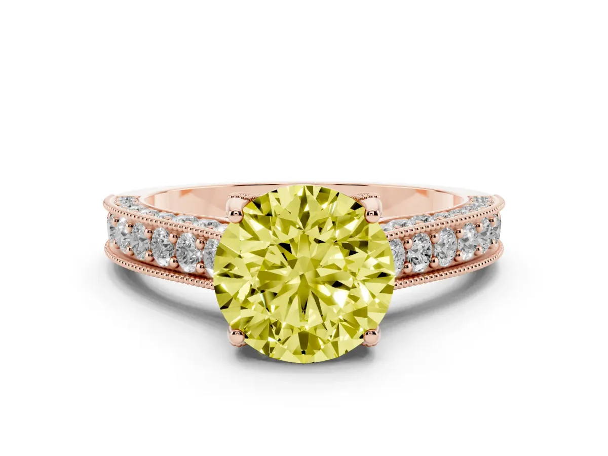 Fancy Yellow Round Cut Cut Diamond Solitaire Ring with Milgrain Pave Band and Four Prong Setting Rose gold